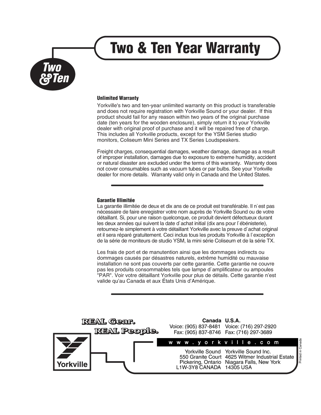 Yorkville Sound AP2020 manual Unlimited Warranty, Garantie Illimitée, Canada 