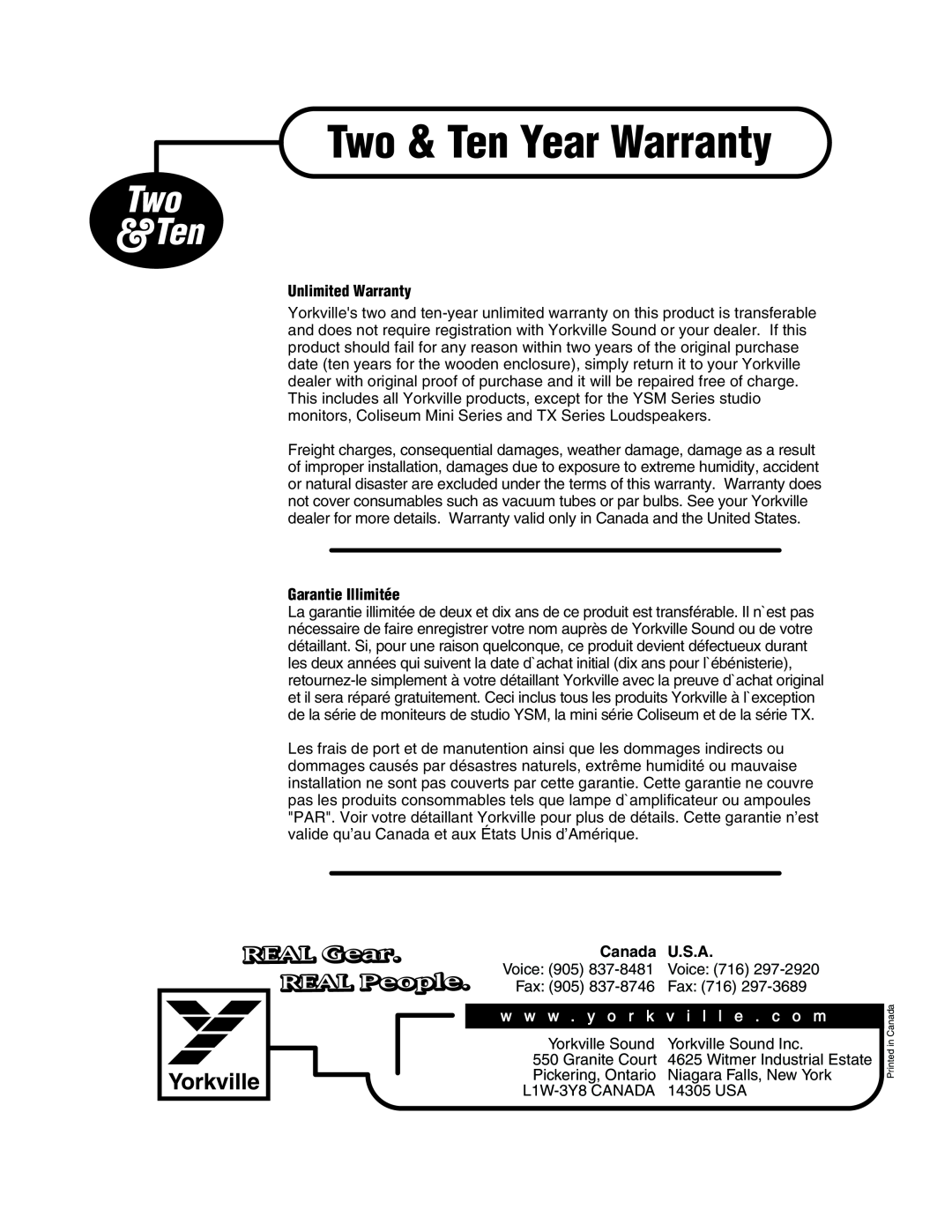 Yorkville Sound AP2020 manual Two & Ten Year Warranty, Two &Ten, REAL Gear, REAL People, w w w . y o r k v i l l e . c o m 