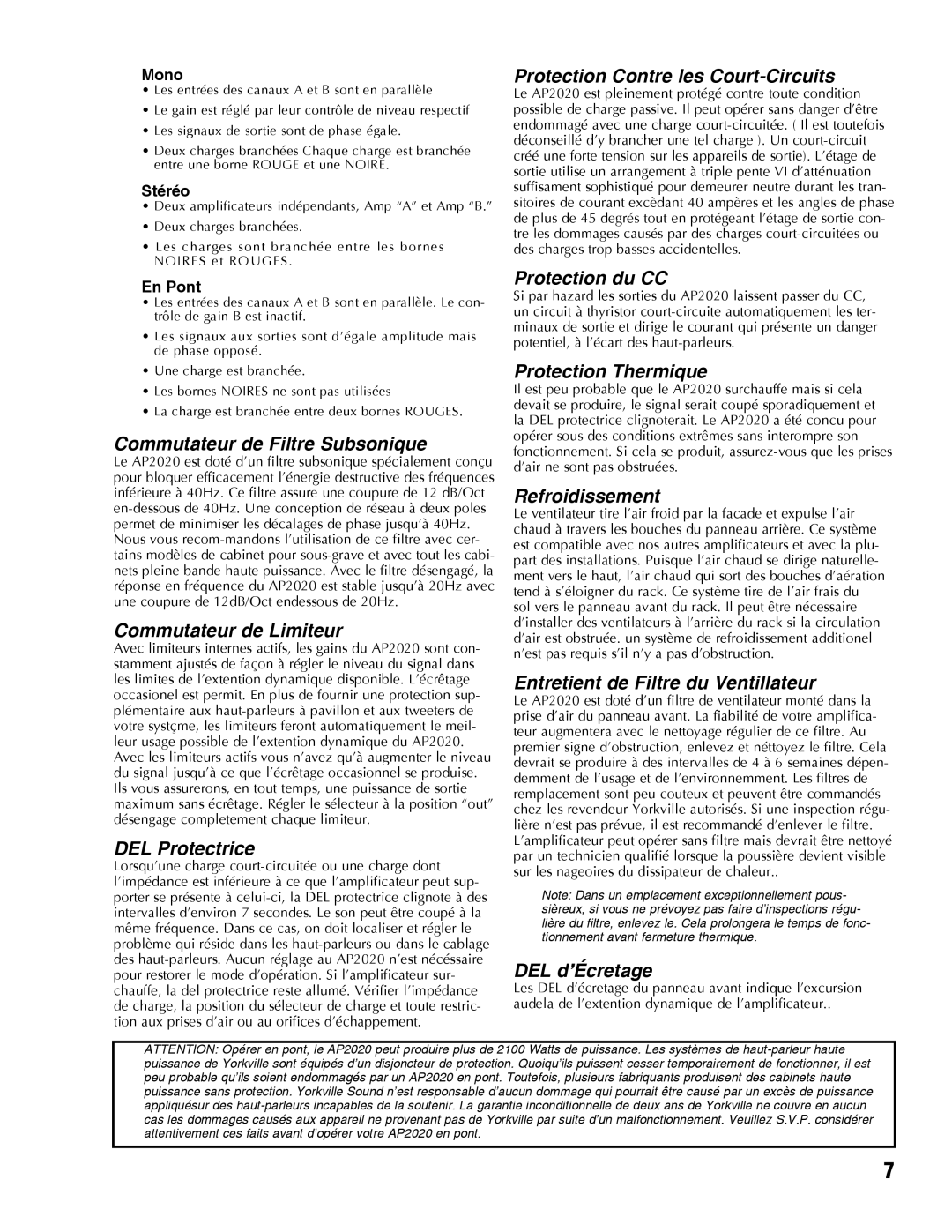Yorkville Sound AP2020 manual Commutateur de Filtre Subsonique, Commutateur de Limiteur, DEL Protectrice, Protection du CC 