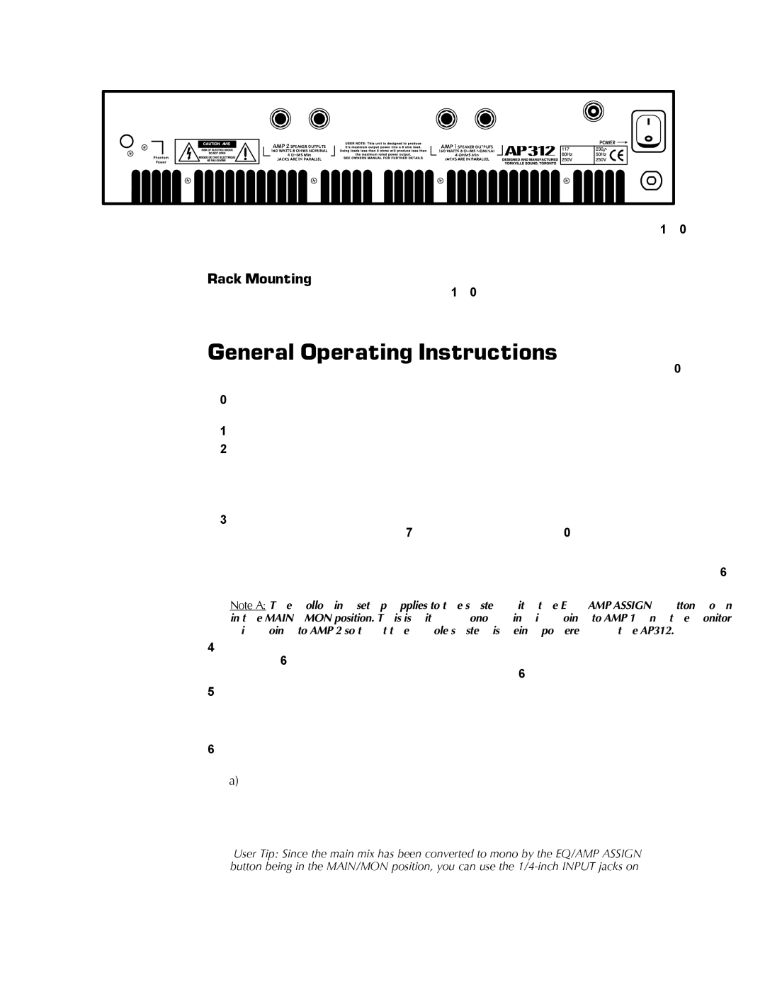 Yorkville Sound AP312 owner manual General Operating Instructions, Rack Mounting 