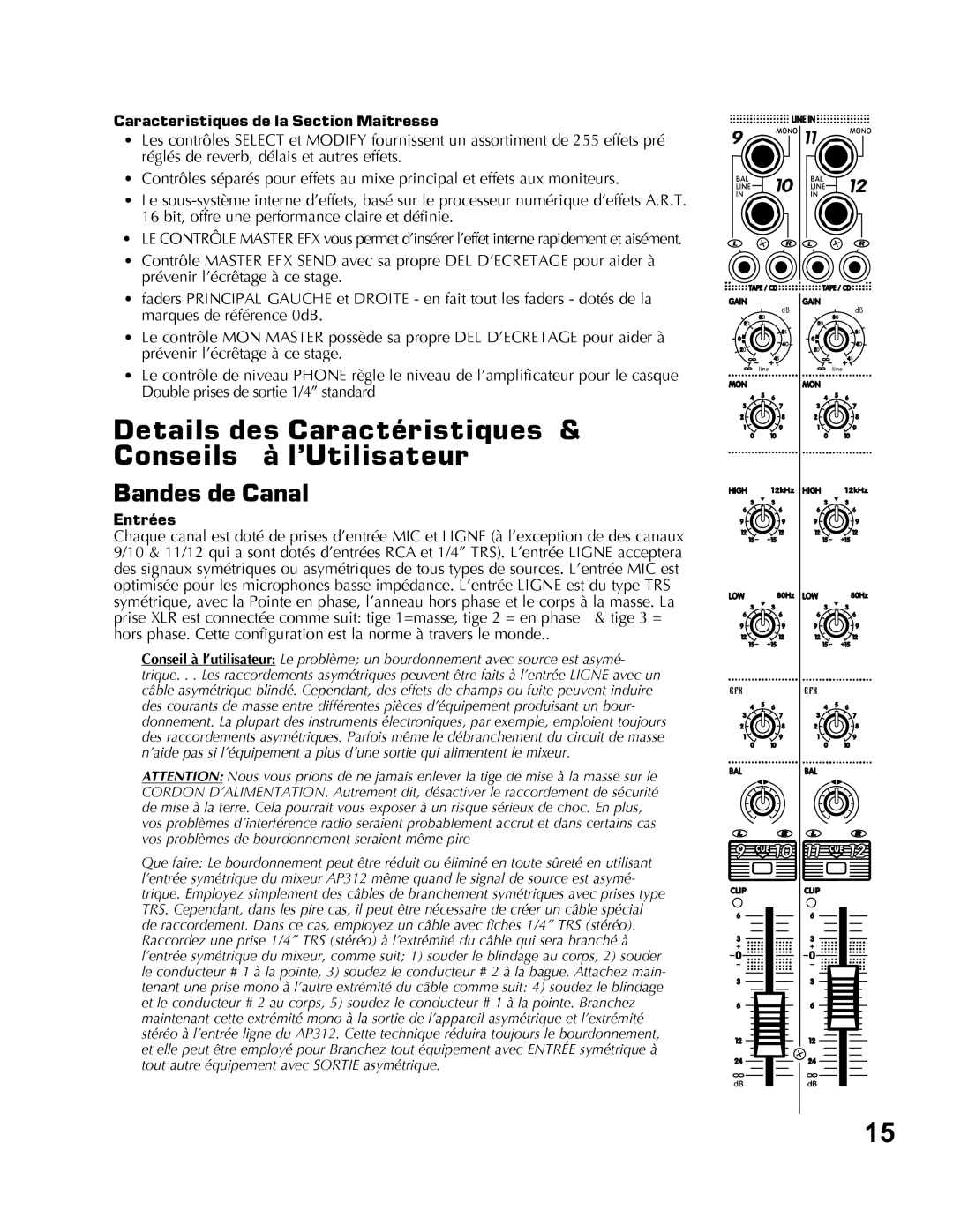 Yorkville Sound AP312 owner manual Details des Caractéristiques & Conseils à l’Utilisateur, Bandes de Canal 