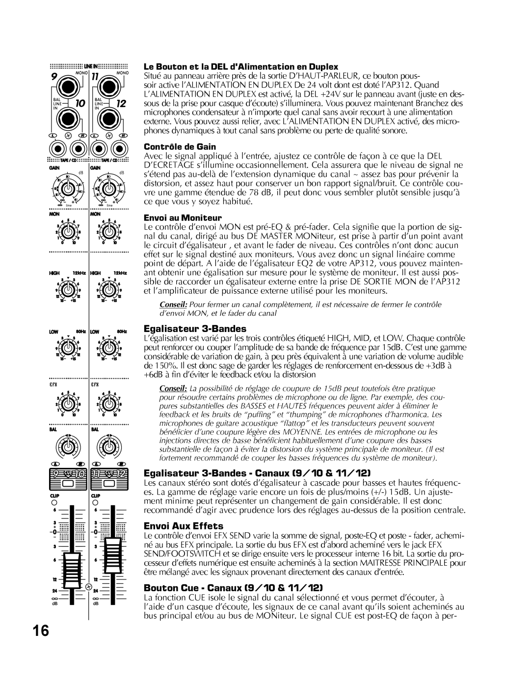 Yorkville Sound AP312 Egalisateur 3-Bandes Canaux 9/10 & 11/12, Envoi Aux Effets, Bouton Cue Canaux 9/10 & 11/12 