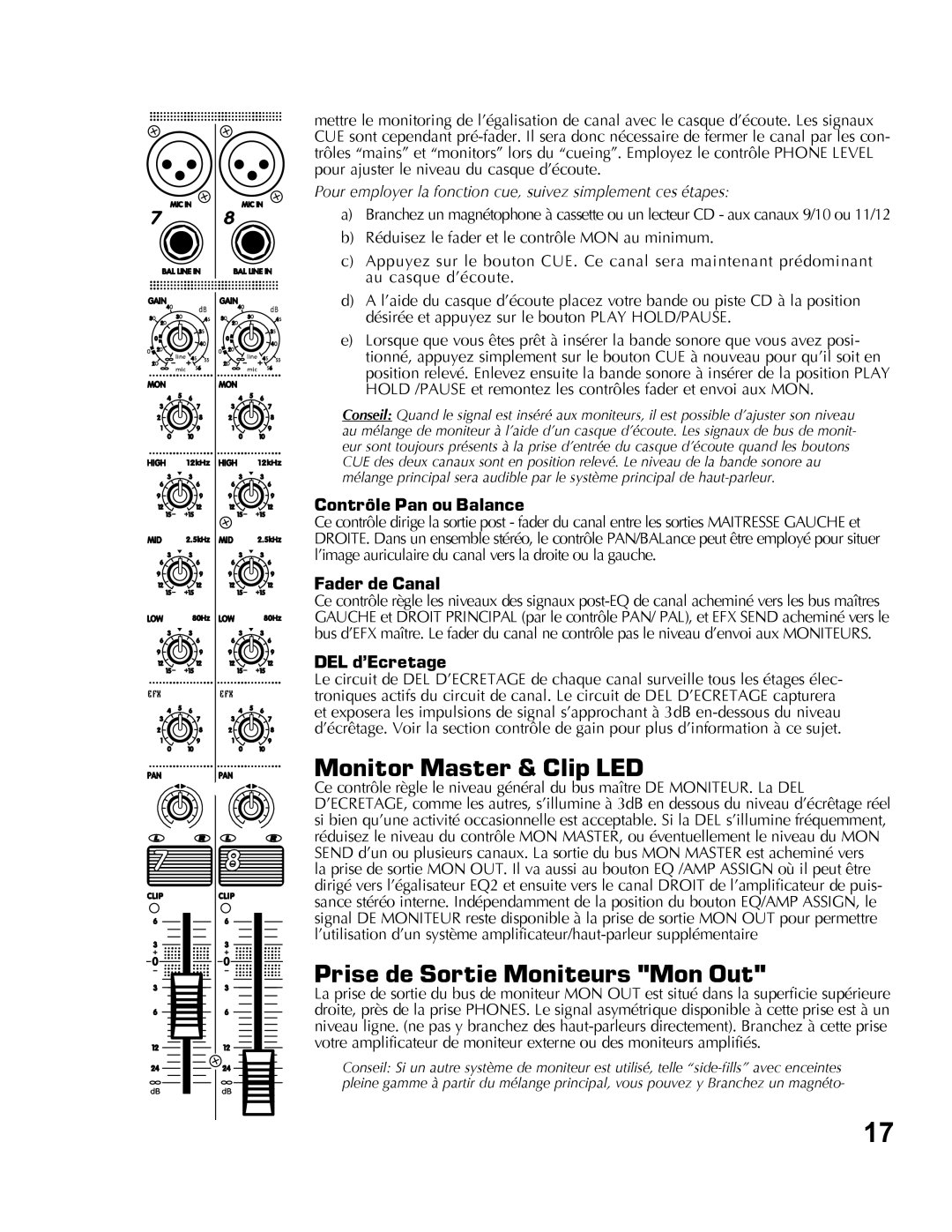 Yorkville Sound AP312 owner manual Contrôle Pan ou Balance, Fader de Canal, DEL d’Ecretage 