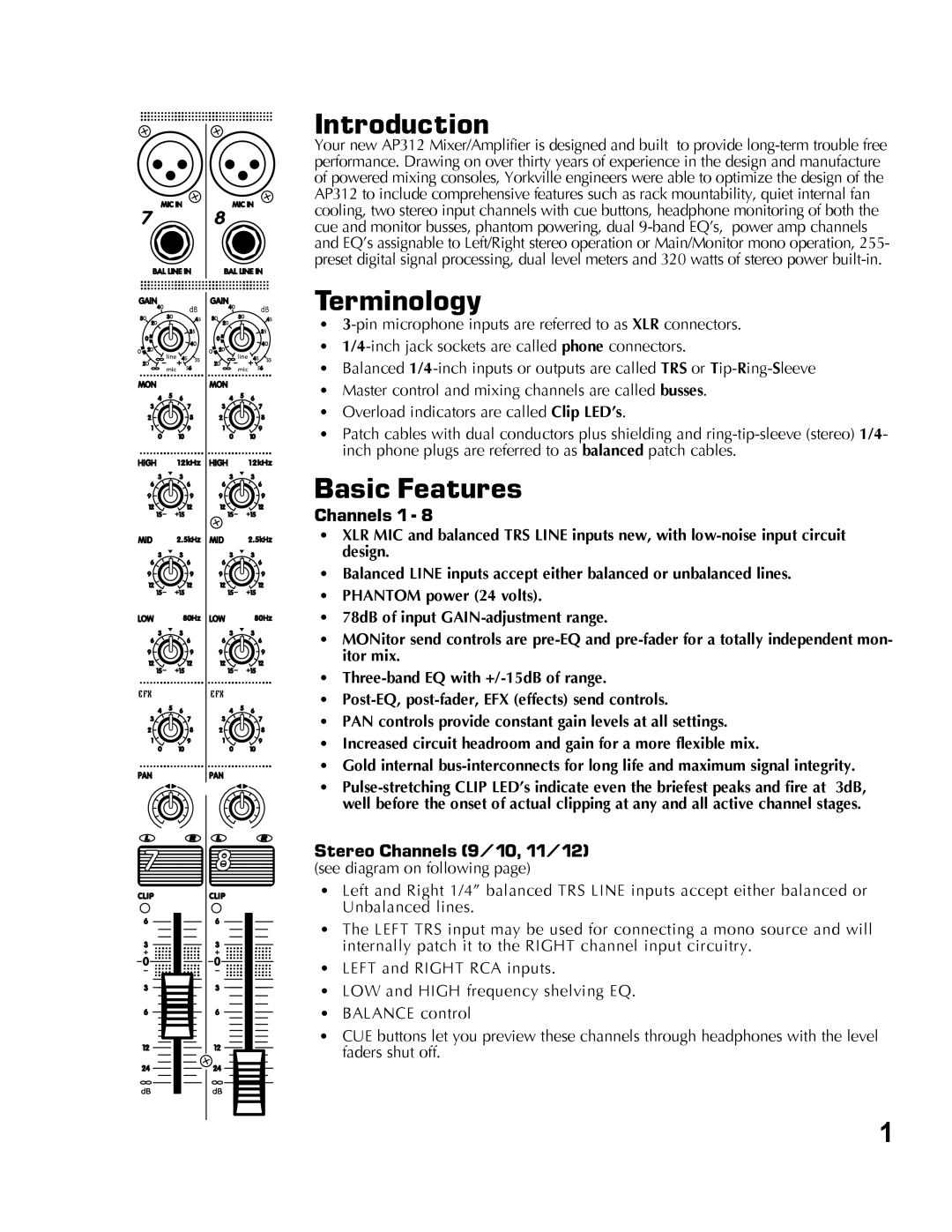 Yorkville Sound AP312 Introduction, Terminology, Basic Features, Stereo Channels 9/10, 11/12 see diagram on following 