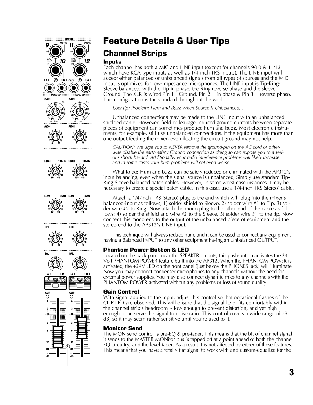 Yorkville Sound AP312 Feature Details & User Tips, Inputs, Phantom Power Button & LED, Gain Control, Monitor Send 