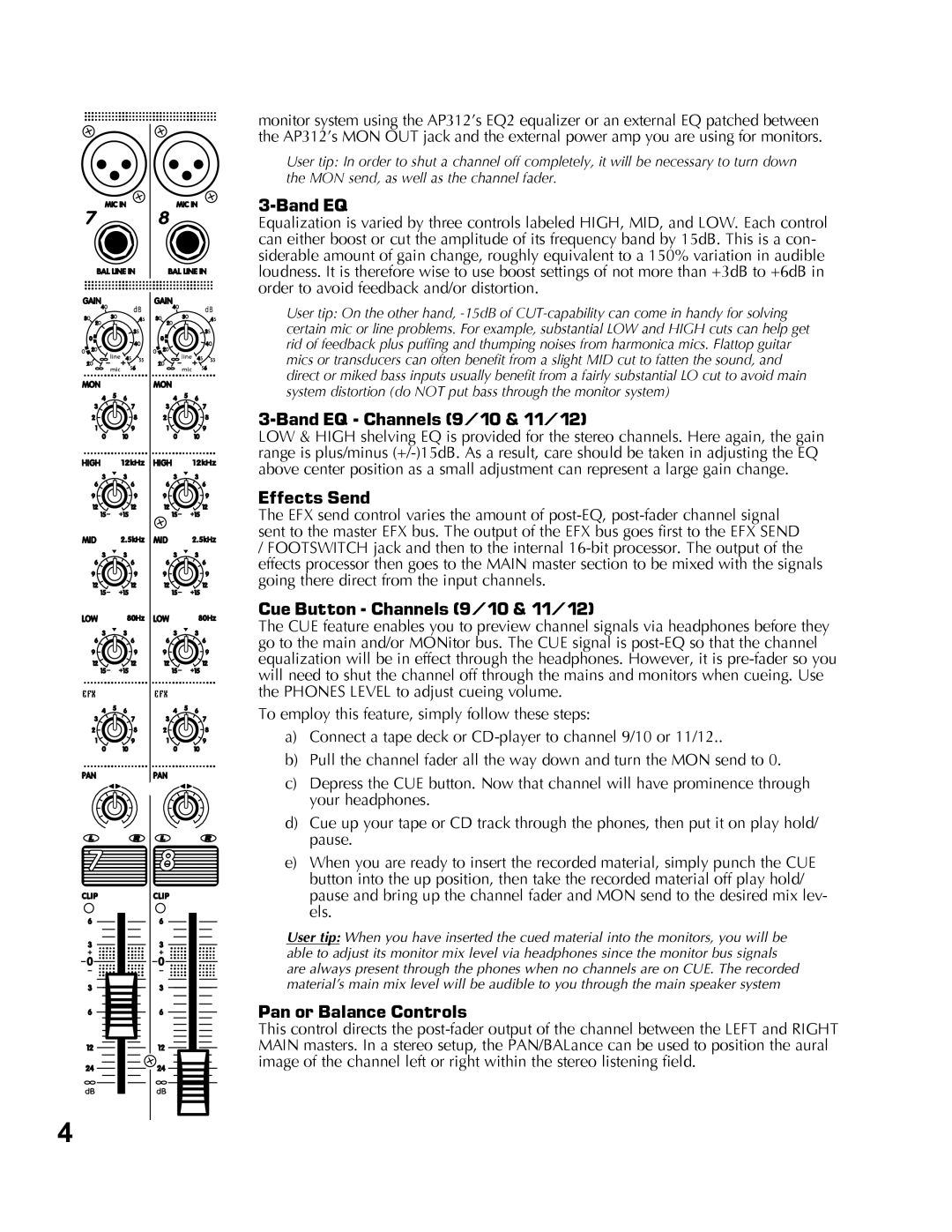 Yorkville Sound AP312 owner manual Band EQ Channels 9/10 & 11/12, Effects Send, Cue Button Channels 9/10 & 11/12 