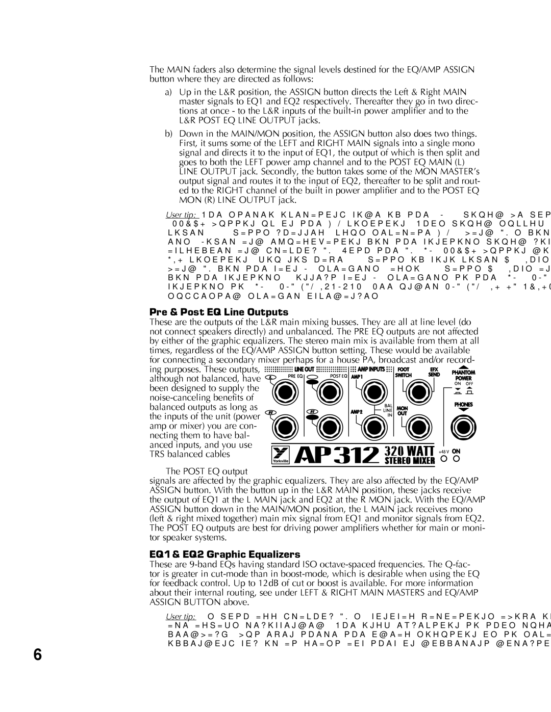 Yorkville Sound AP312 owner manual Pre & Post EQ Line Outputs, EQ1 & EQ2 Graphic Equalizers 