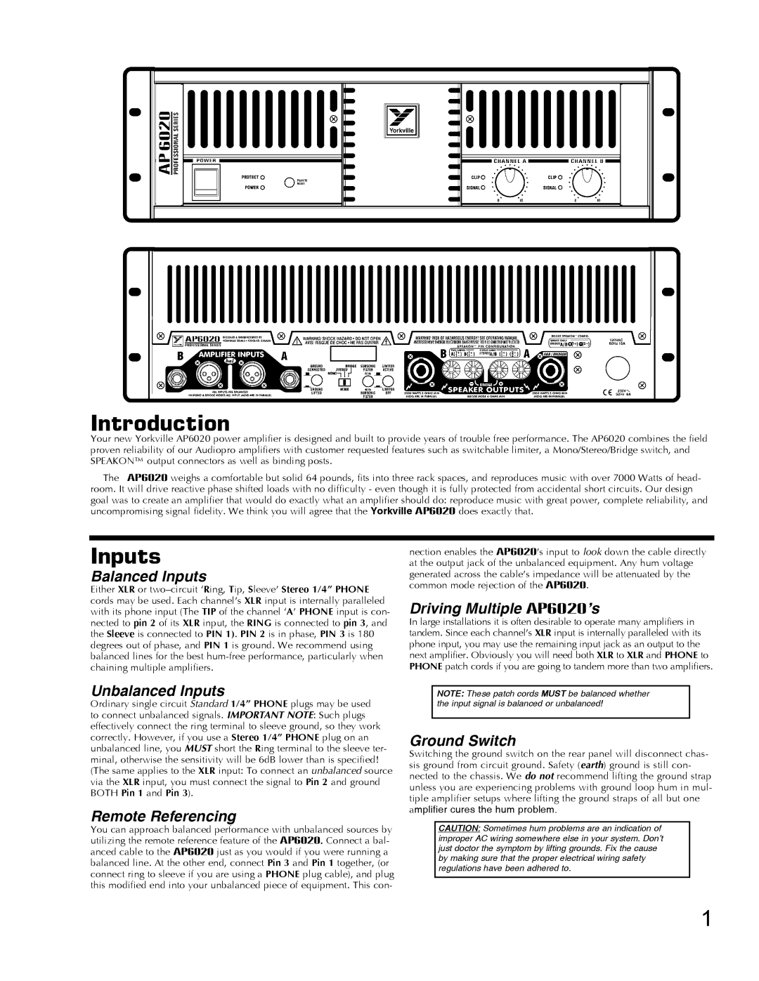 Yorkville Sound AP6020AP6020 manual Introduction, Inputs 