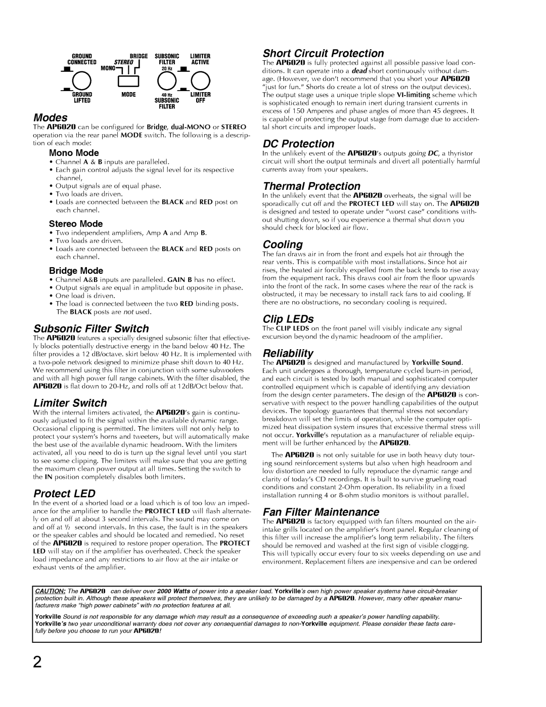 Yorkville Sound AP6020AP6020 Modes, Subsonic Filter Switch, Limiter Switch, Protect LED, Short Circuit Protection, Cooling 