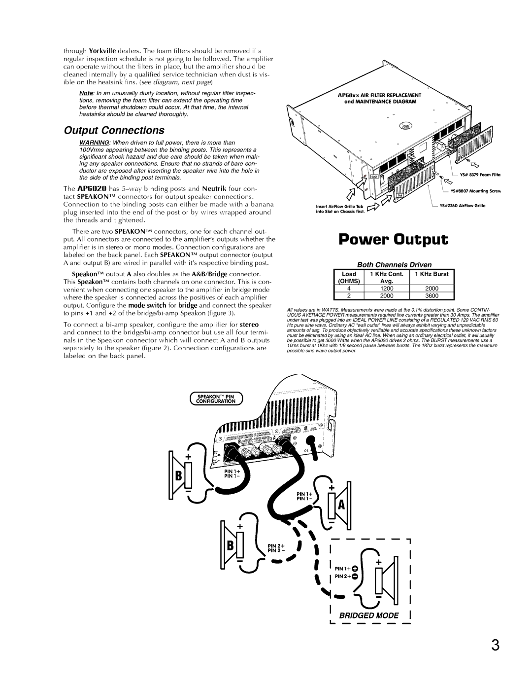 Yorkville Sound AP6020AP6020 manual Power Output, Output Connections 