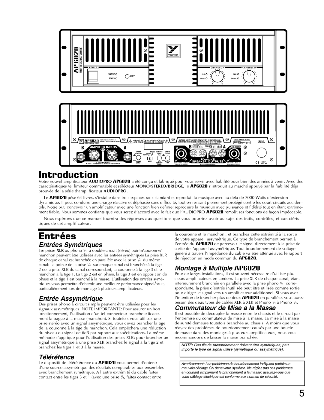 Yorkville Sound AP6020AP6020 manual Entrées 