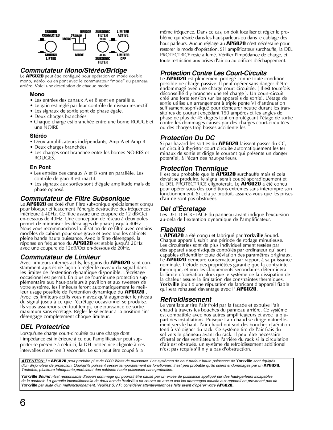 Yorkville Sound AP6020AP6020 manual Commutateur Mono/Stéréo/Bridge, Protection Contre Les Court-Circuits, Protection Du DC 