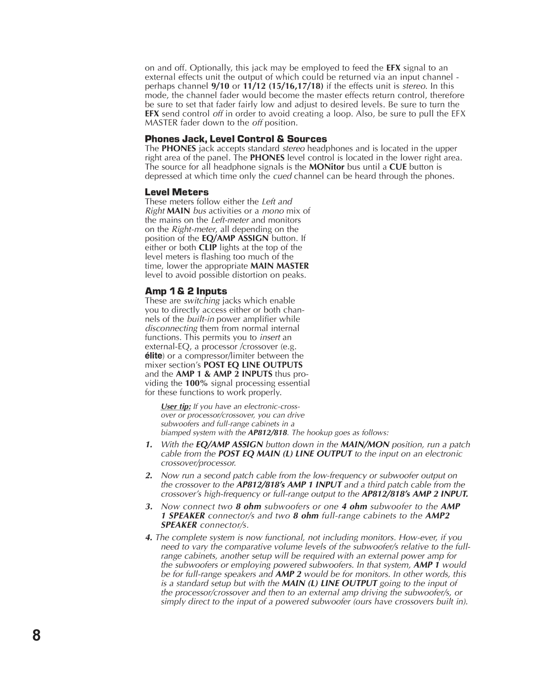 Yorkville Sound AP818, AP812 owner manual Phones Jack, Level Control & Sources, Level Meters, Amp 1 & 2 Inputs 