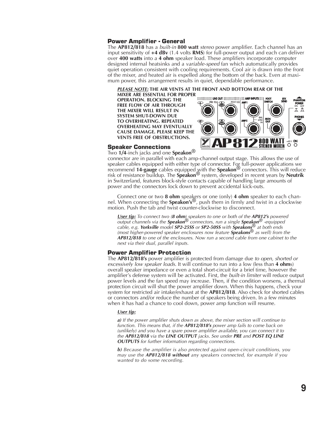 Yorkville Sound AP812, AP818 owner manual Power Amplifier General, Speaker Connections, Power Amplifier Protection 