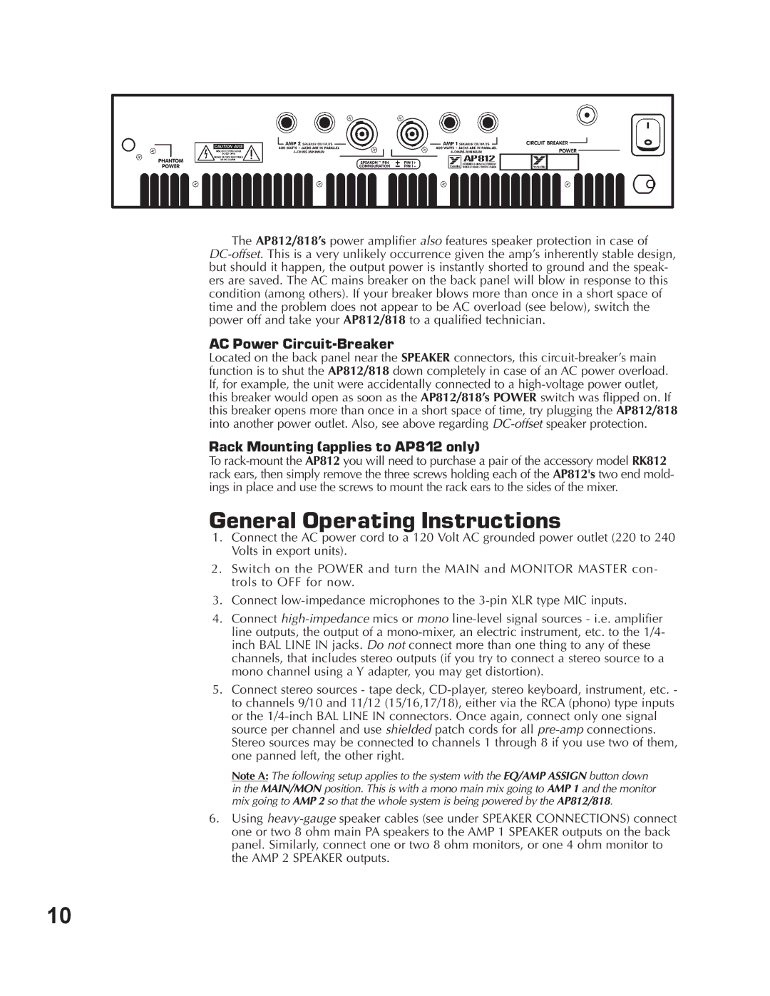 Yorkville Sound AP818 General Operating Instructions, AC Power Circuit-Breaker, Rack Mounting applies to AP812 only 