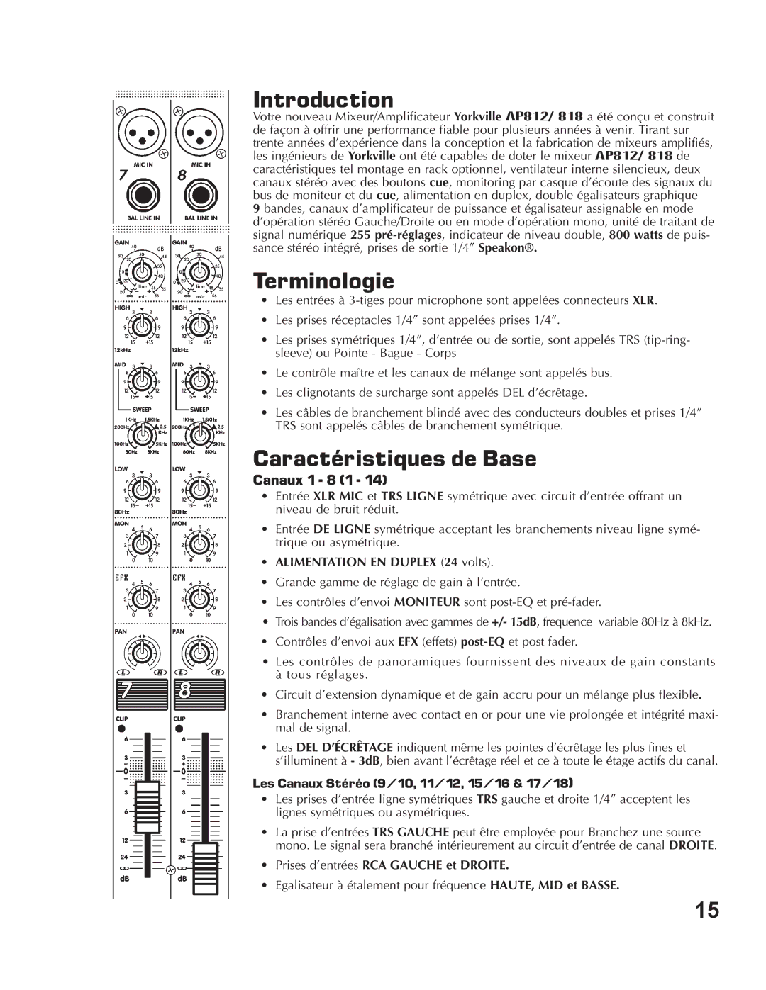 Yorkville Sound AP812, AP818 Terminologie, Caractéristiques de Base, Canaux 1 8 1, Alimentation EN Duplex 24 volts 