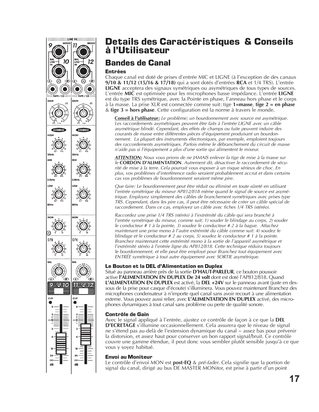 Yorkville Sound AP812, AP818 owner manual Details des Caractéristiques & Conseils à l’Utilisateur, Bandes de Canal 