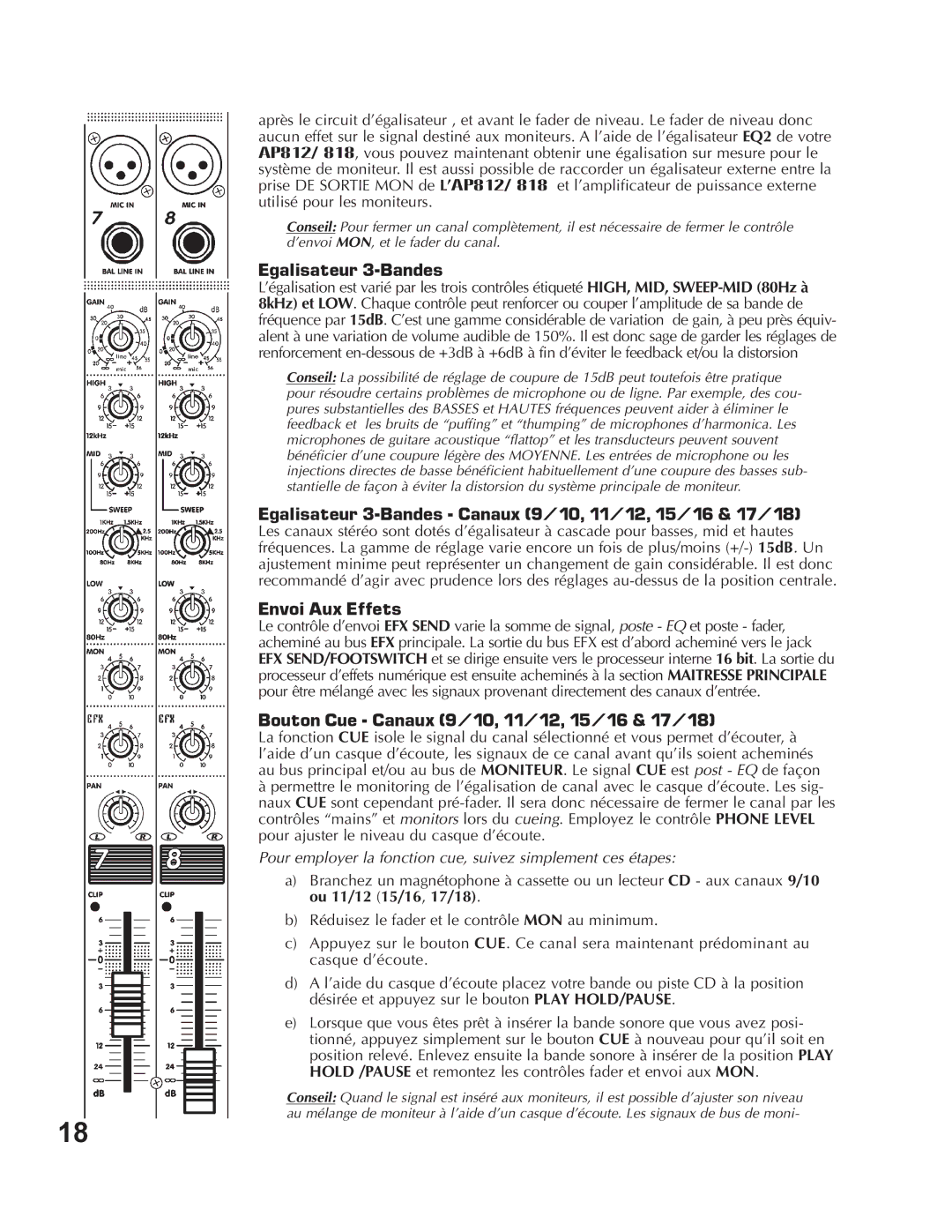 Yorkville Sound AP818, AP812 owner manual Egalisateur 3-Bandes, Bouton Cue Canaux 9/10, 11/12, 15/16 & 17/18 