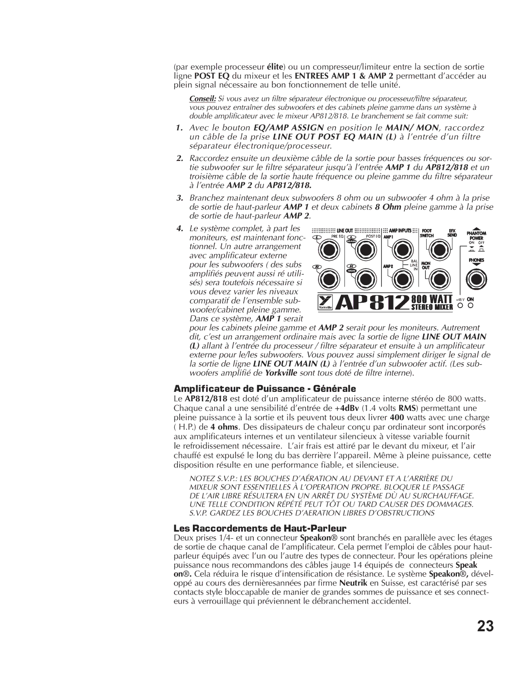 Yorkville Sound AP812, AP818 owner manual Amplificateur de Puissance Générale, Les Raccordements de Haut-Parleur 