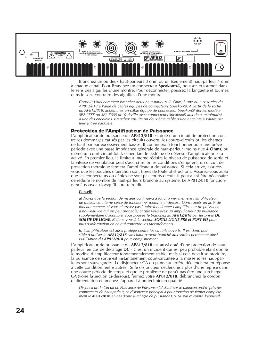 Yorkville Sound AP818, AP812 owner manual Protection de lAmplificateur de Puissance, Conseil 