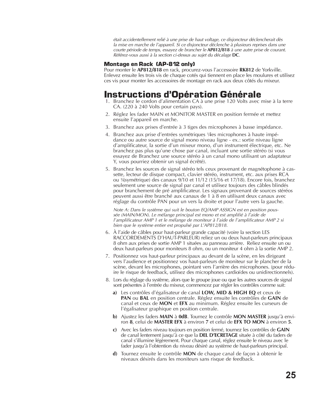 Yorkville Sound AP812, AP818 owner manual Instructions d’Opération Générale, Montage en Rack AP-812 only 