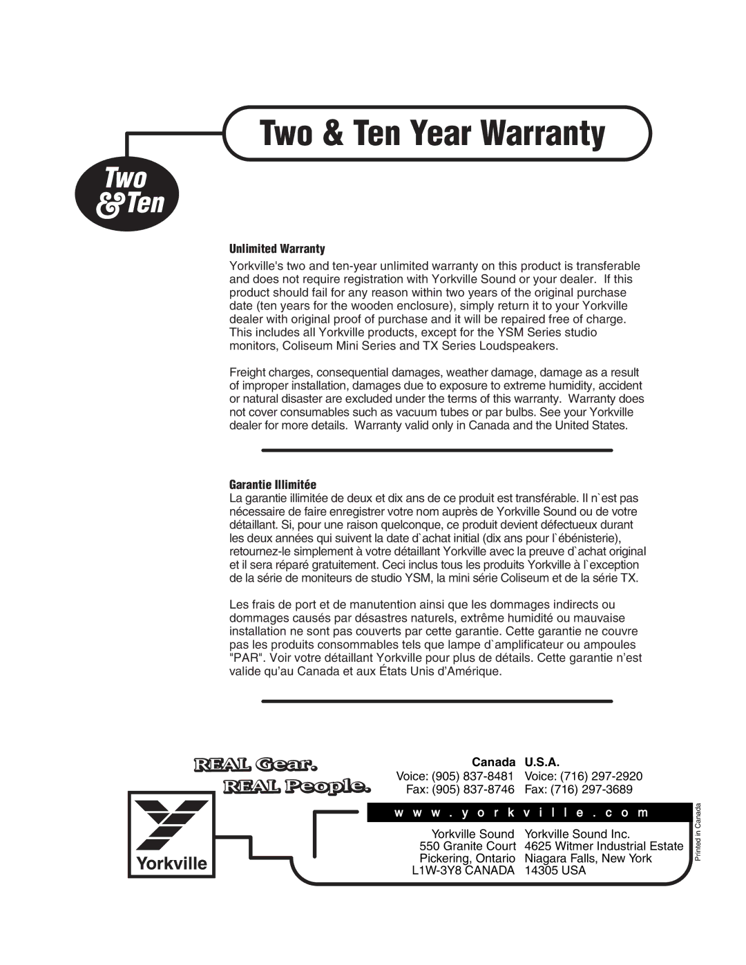 Yorkville Sound AP812, AP818 owner manual Two & Ten Year Warranty 