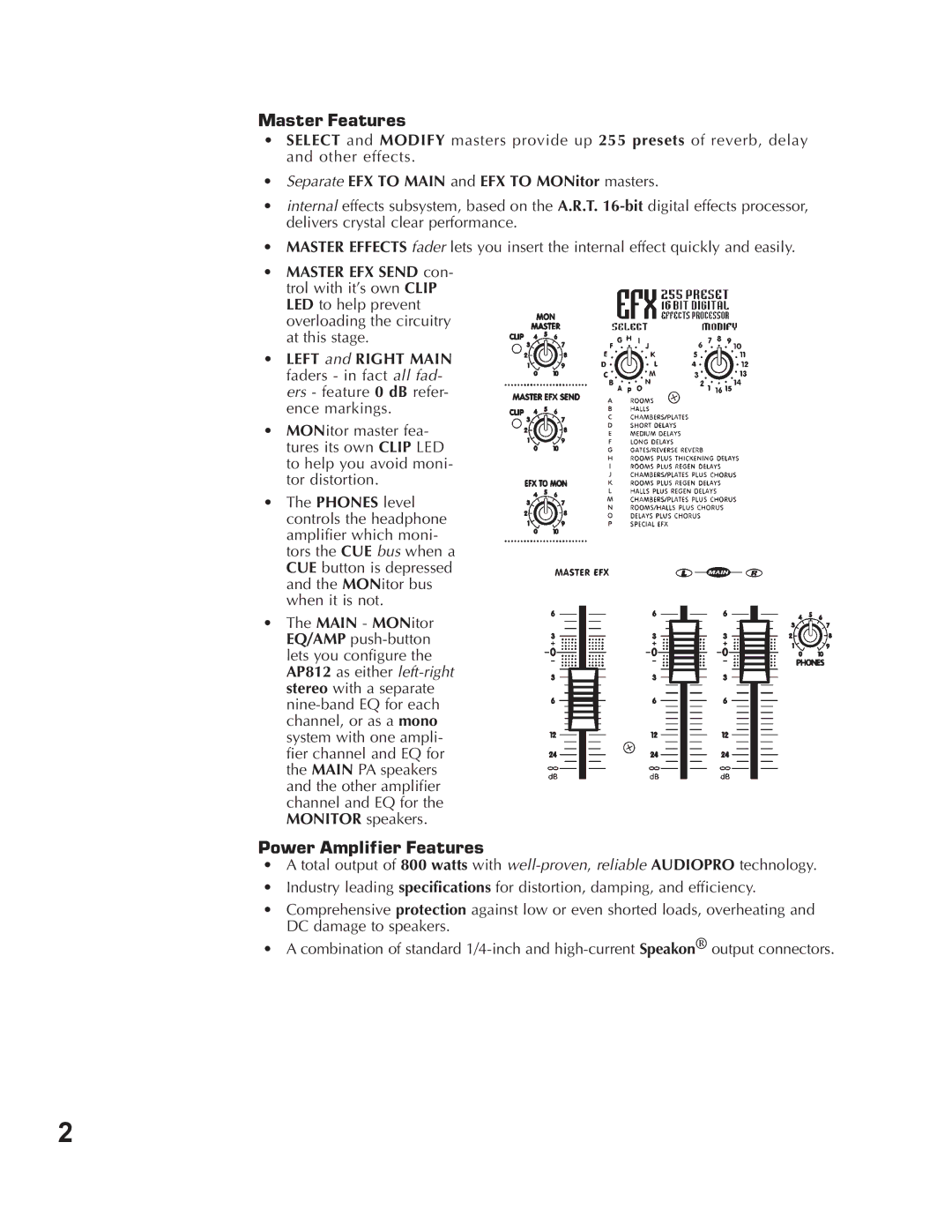 Yorkville Sound AP818, AP812 Master Features, Separate EFX to Main and EFX to MONitor masters, Power Amplifier Features 