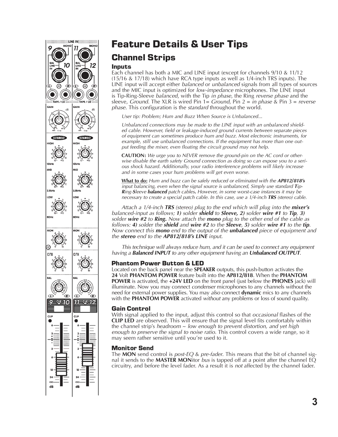 Yorkville Sound AP812, AP818 Feature Details & User Tips, Inputs, Phantom Power Button & LED, Gain Control, Monitor Send 