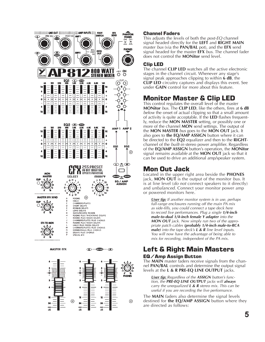 Yorkville Sound AP812, AP818 owner manual Channel Faders, Clip LED, EQ/Amp Assign Button 