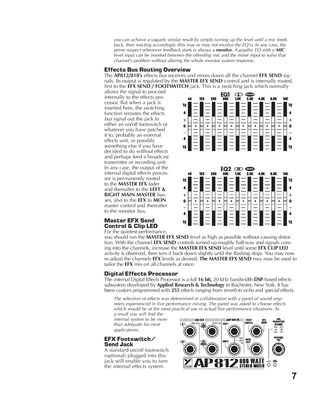 Yorkville Sound AP812, AP818 Effects Bus Routing Overview, Master EFX Send Control & Clip LED, Digital Effects Processor 