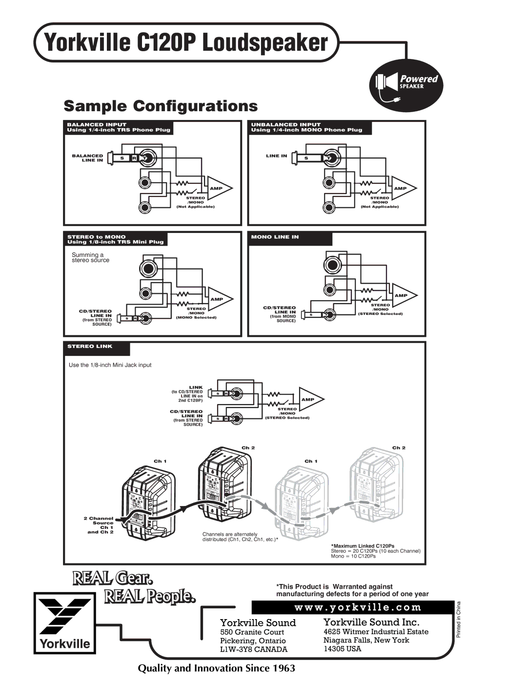 Yorkville Sound C120P dimensions Sample Configurations, Summing a stereo source, Use the 1/8-inch Mini Jack input 