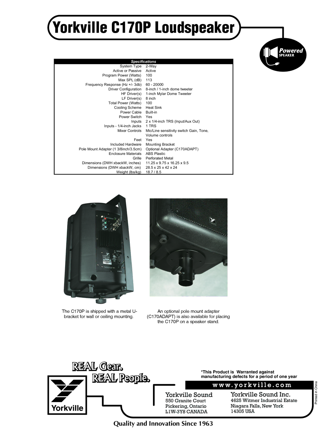 Yorkville Sound C170P manual Specifications, Trs 