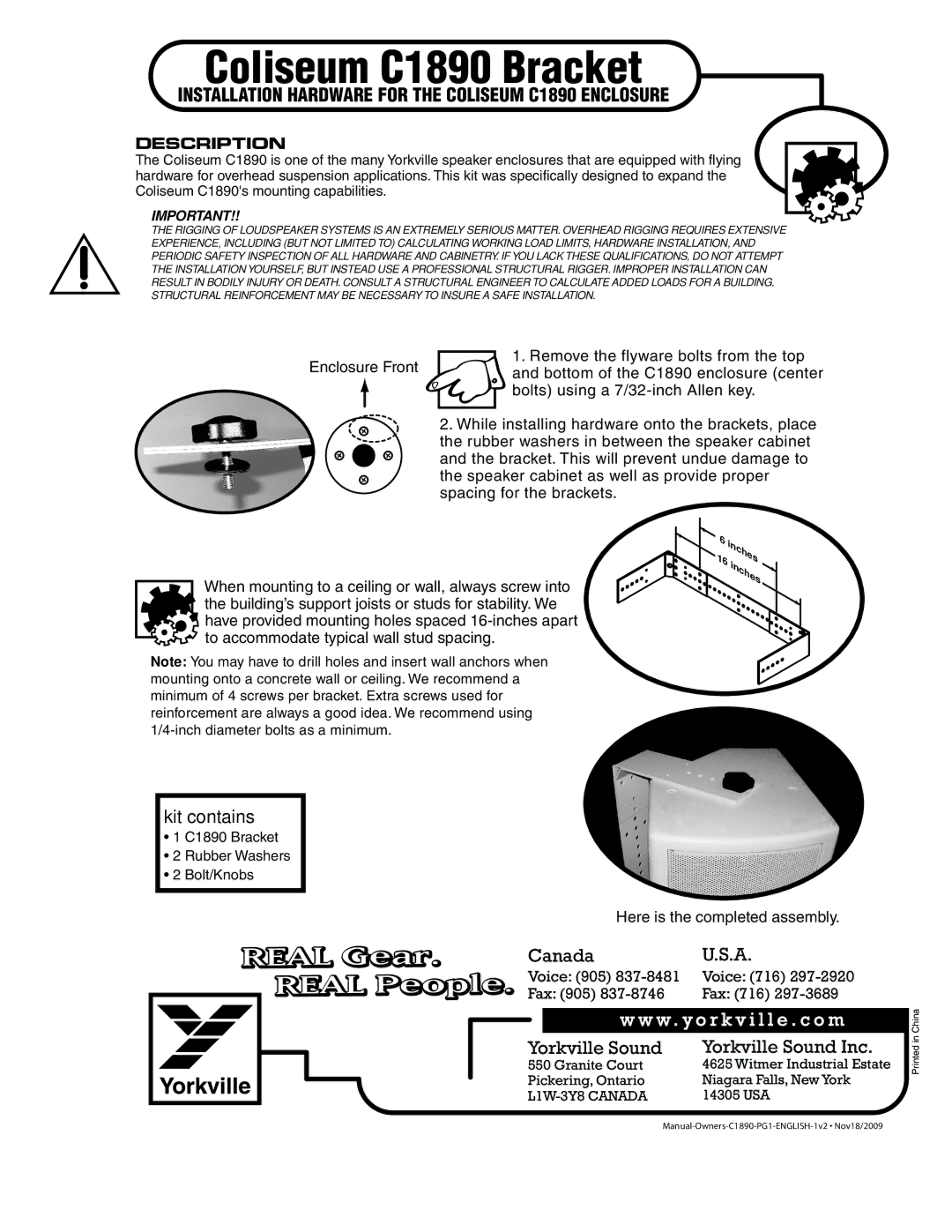 Yorkville Sound manual Coliseum C1890 Bracket, Real Gear, Real People, W . y o r k v i l l e . c o m 