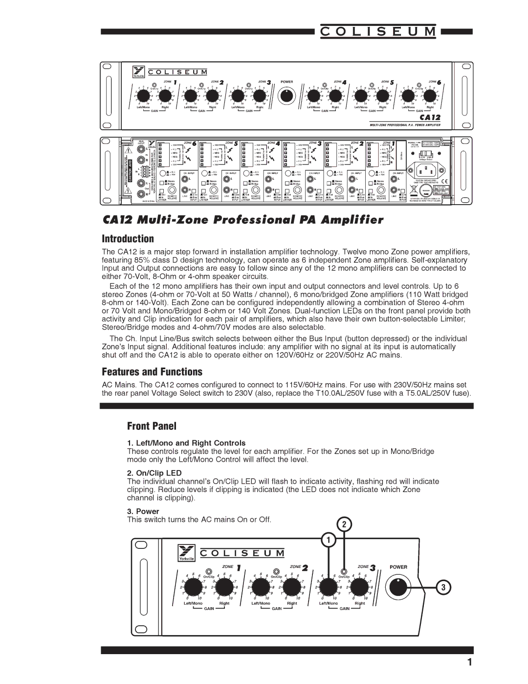 Yorkville Sound CA12 owner manual Introduction, Features and Functions, Front Panel 