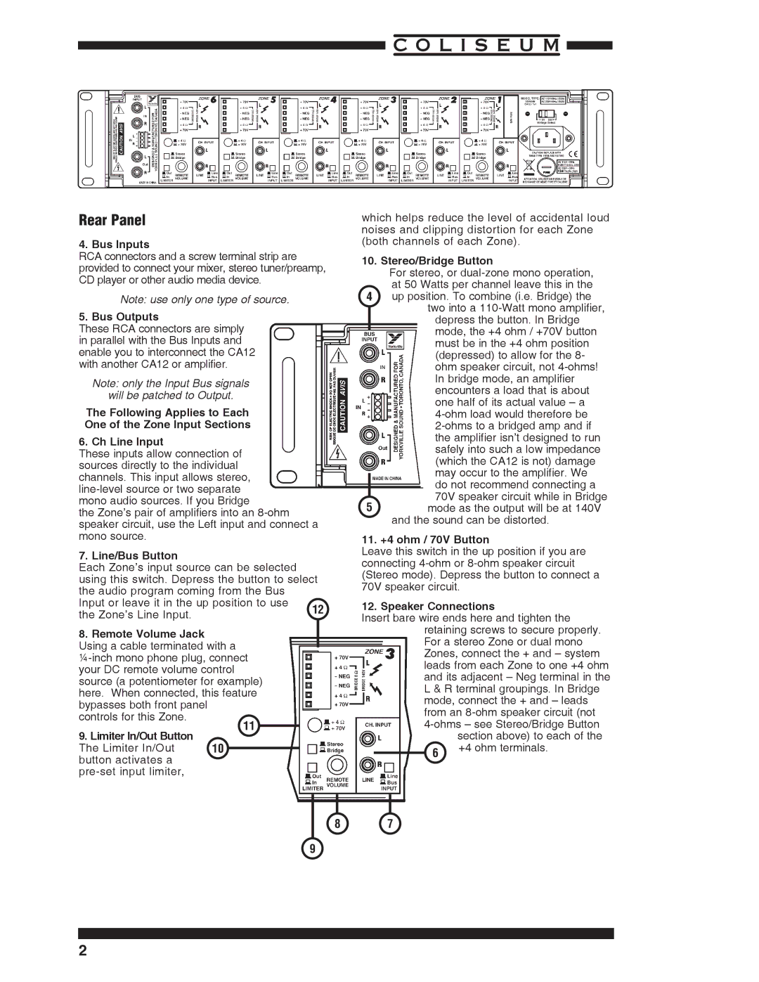 Yorkville Sound CA12 owner manual Rear Panel 