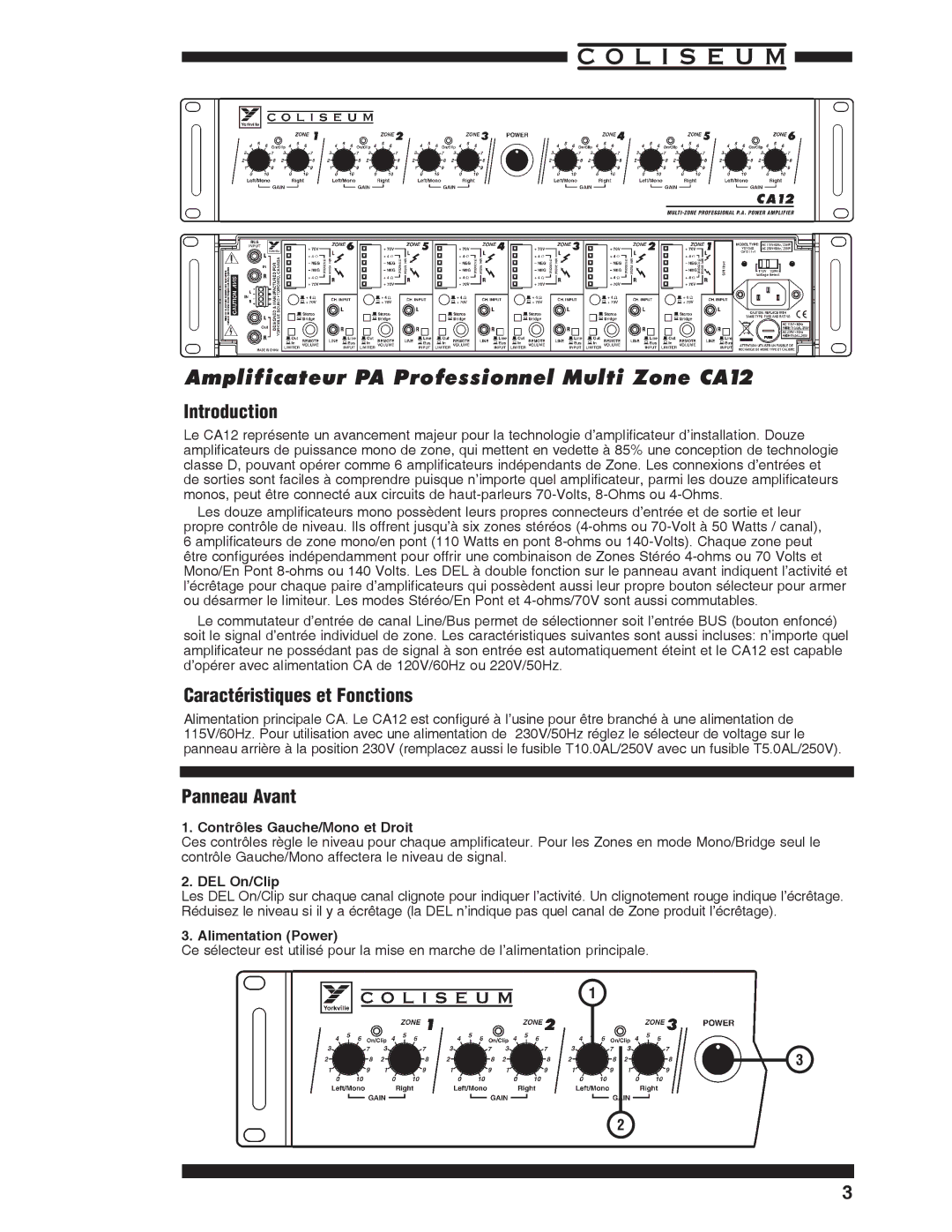 Yorkville Sound CA12 owner manual Caractéristiques et Fonctions, Panneau Avant, Contrôles Gauche/Mono et Droit, DEL On/Clip 