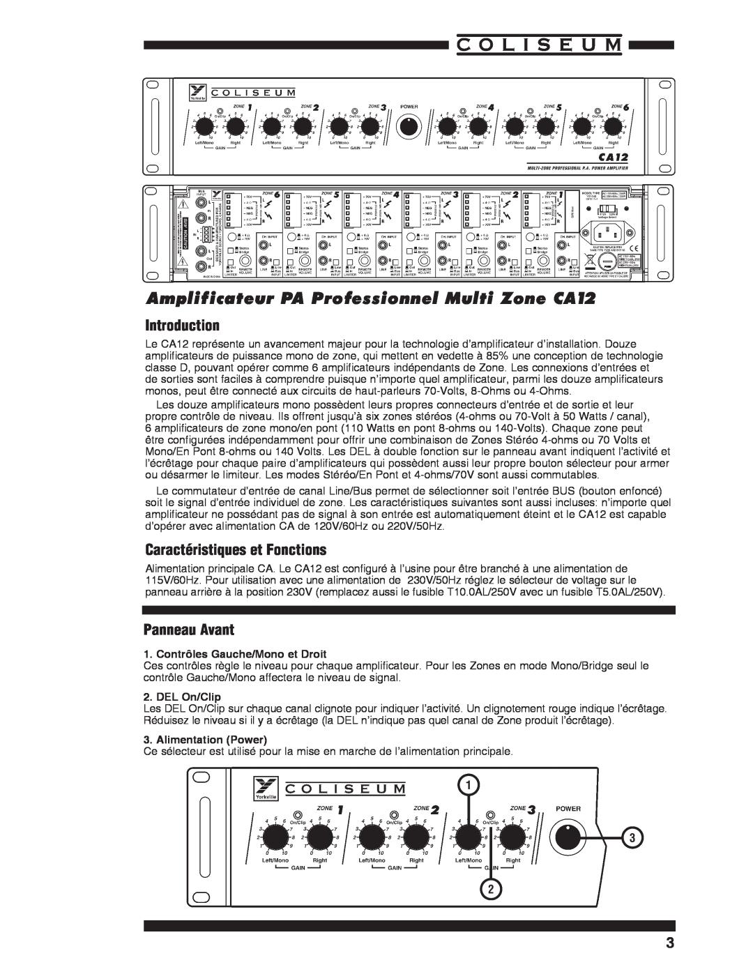 Yorkville Sound Amplificateur PA Professionnel Multi Zone CA12, Caractéristiques et Fonctions, Panneau Avant 