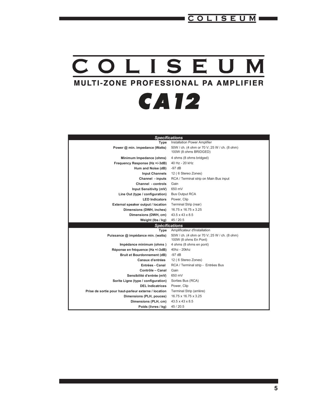 Yorkville Sound CA12 owner manual C O L I S E U M, M U Lti - Zone Professional Pa Amplifier, Specifications, Spécifications 