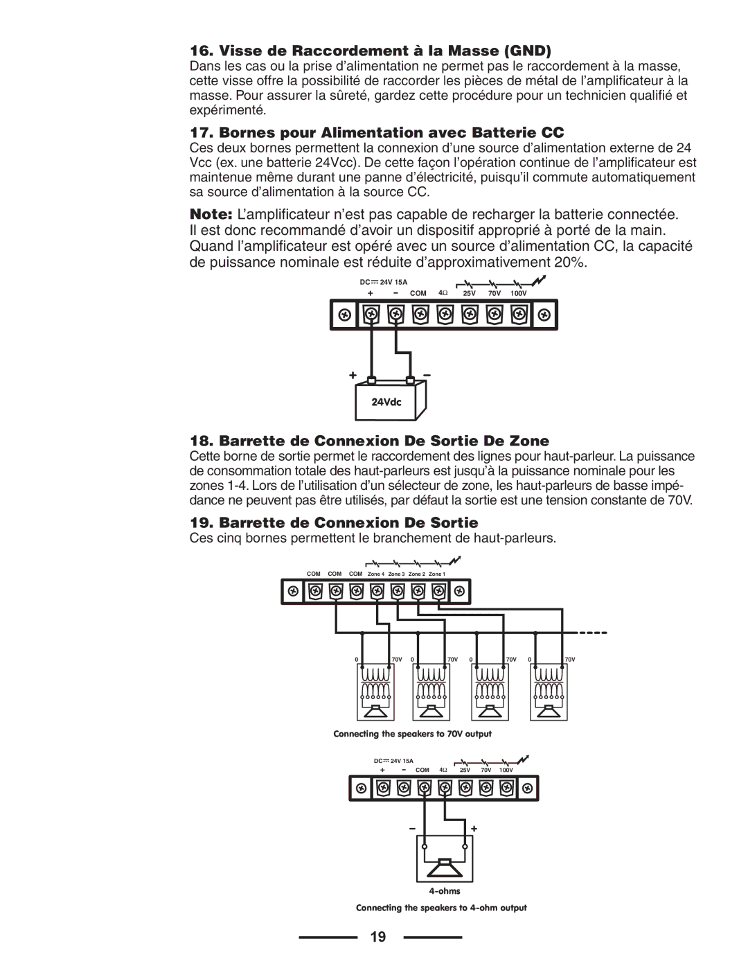 Yorkville Sound CA1T owner manual Visse de Raccordement à la Masse GND, Bornes pour Alimentation avec Batterie CC 