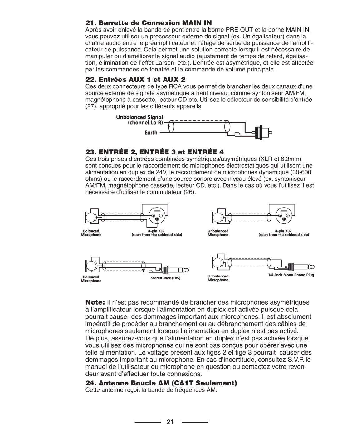 Yorkville Sound CA1T owner manual Barrette de Connexion Main, Entrées AUX 1 et AUX, Entrée 2, Entrée 3 et Entrée 