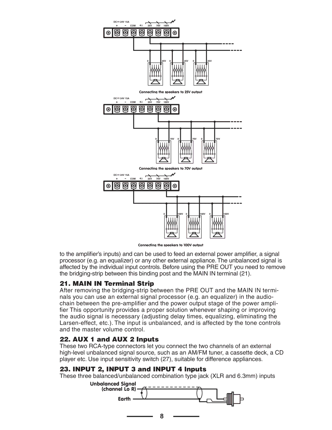 Yorkville Sound CA1T owner manual Main in Terminal Strip, AUX 1 and AUX 2 Inputs, Input 2, Input 3 and Input 4 lnputs 