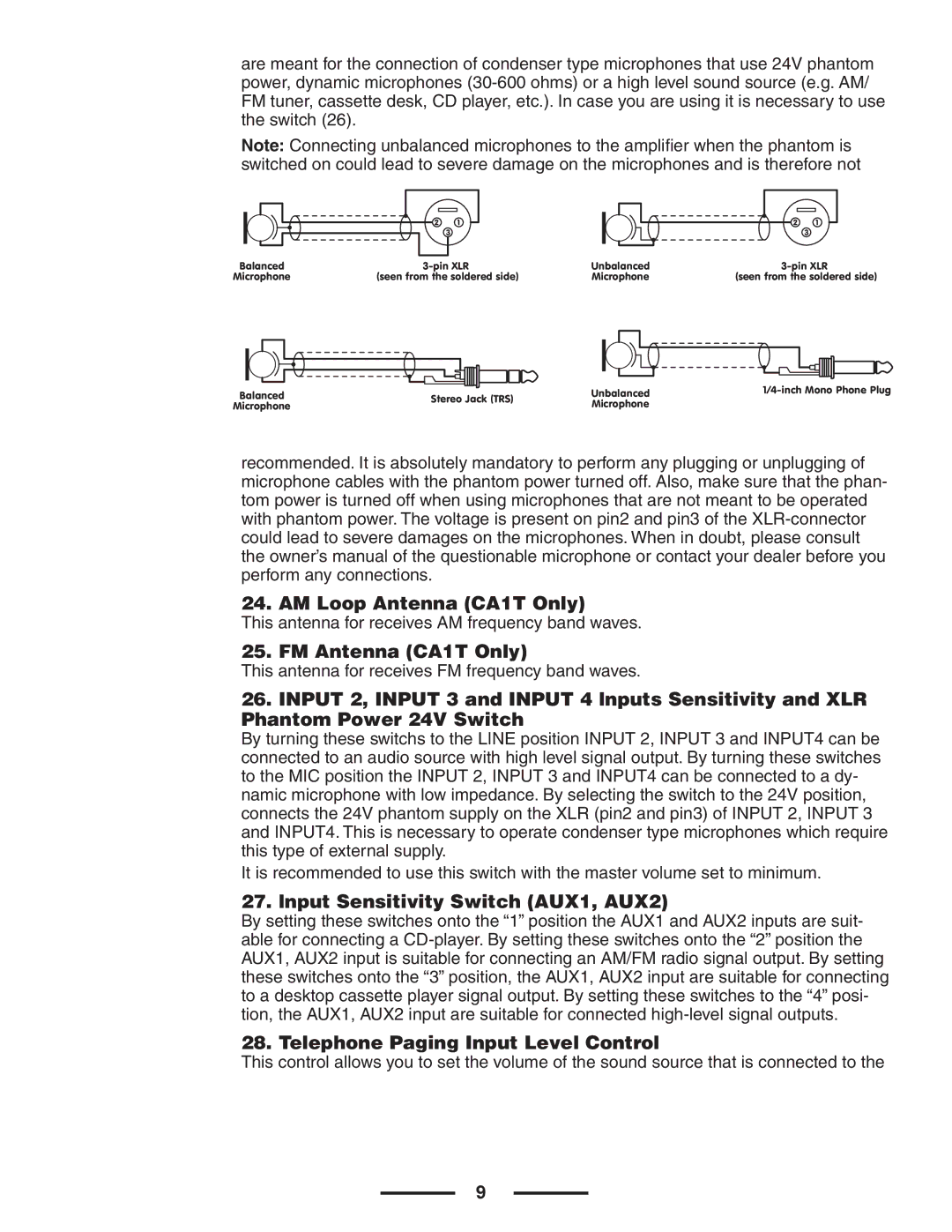 Yorkville Sound owner manual AM Loop Antenna CA1T Only, FM Antenna CA1T Only, Lnput Sensitivity Switch AUX1, AUX2 