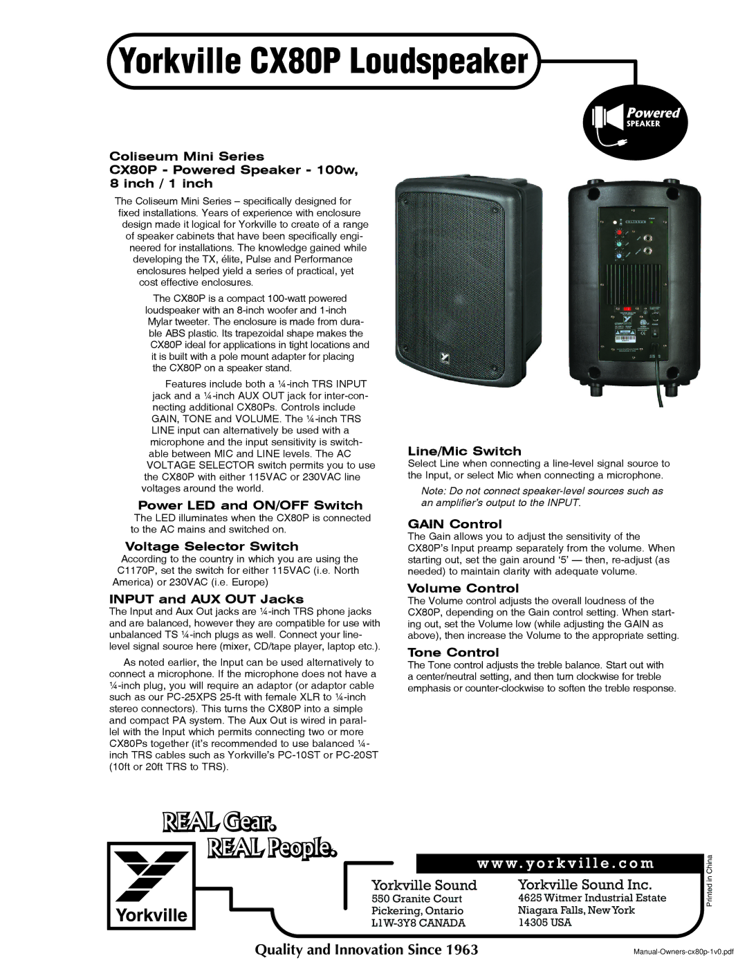 Yorkville Sound manual Yorkville CX80P Loudspeaker 