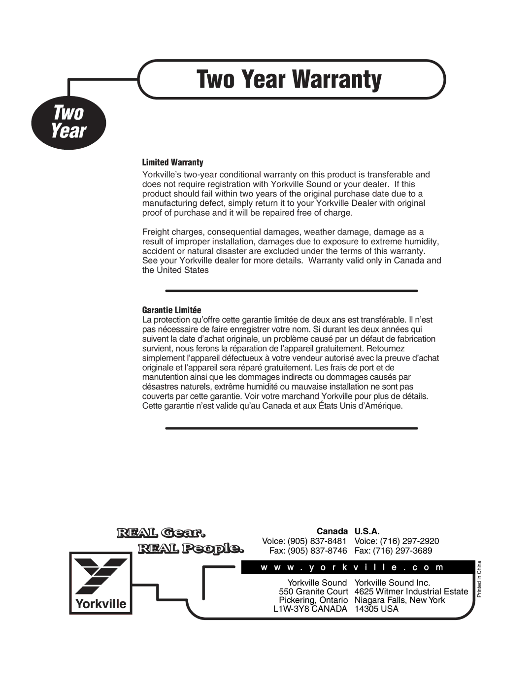 Yorkville Sound CX80P manual Two Year Warranty 