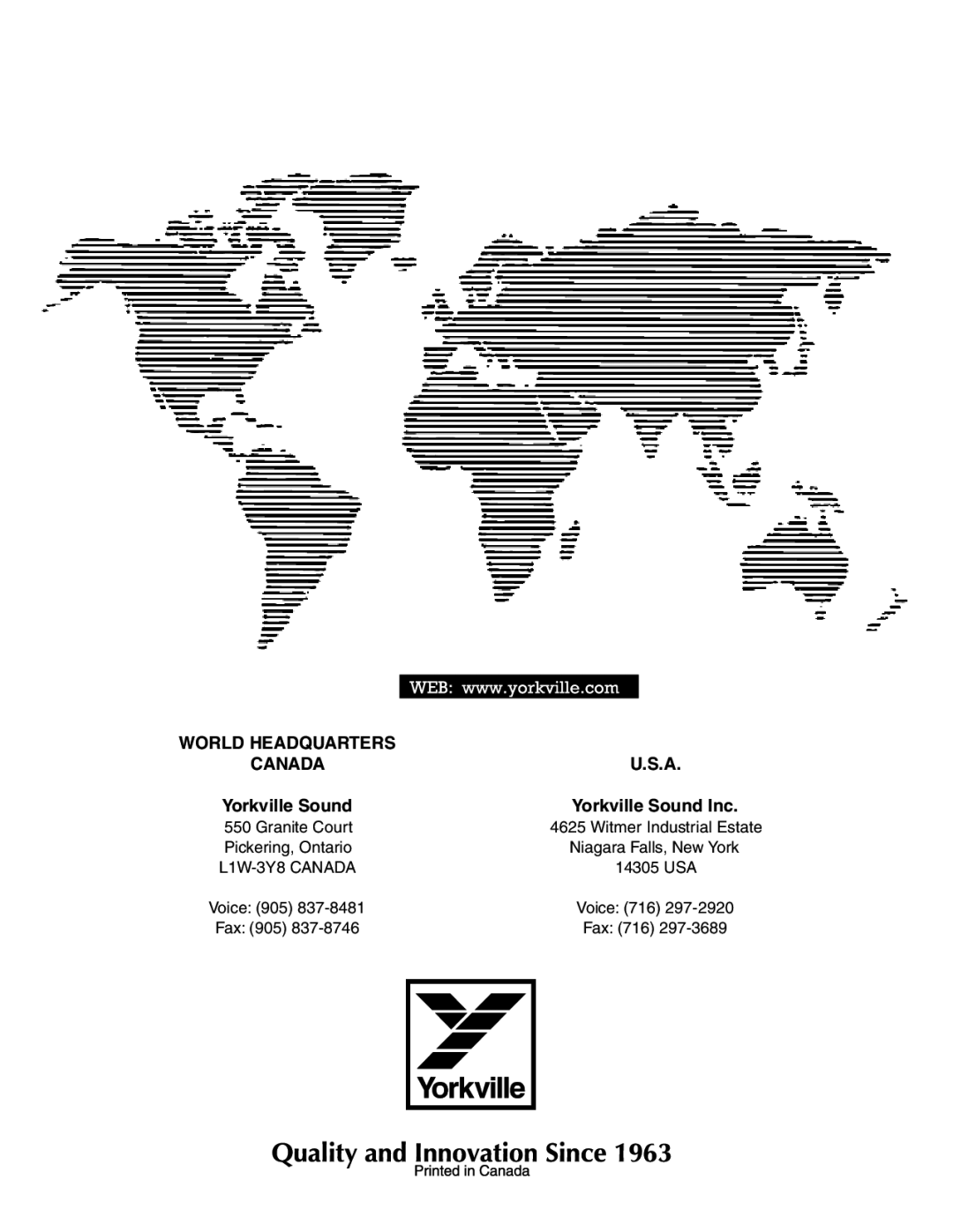 Yorkville Sound E160P owner manual World Headquarters Canada, Yorkville Sound Inc 