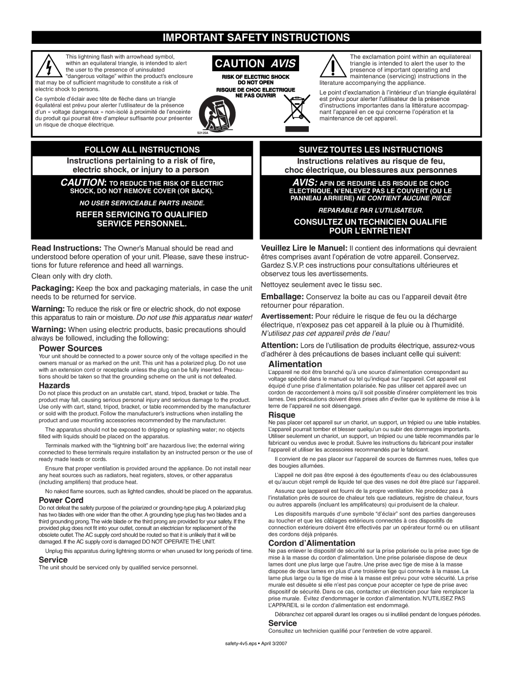 Yorkville Sound ES700P owner manual Important Safety Instructions 