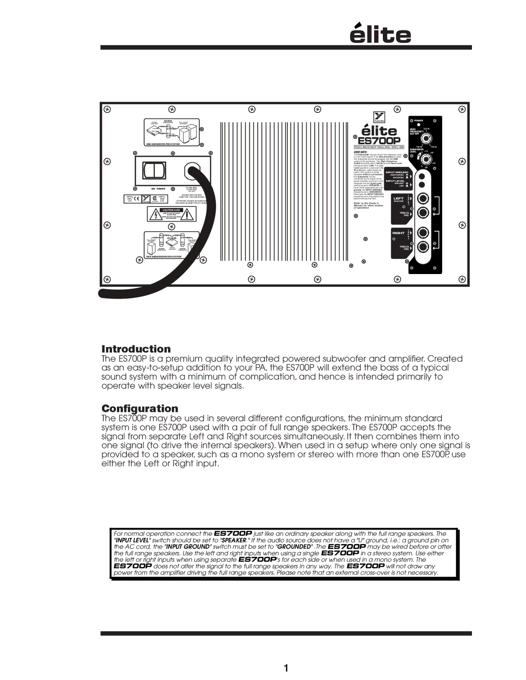 Yorkville Sound ES700P owner manual Introduction, Configuration 