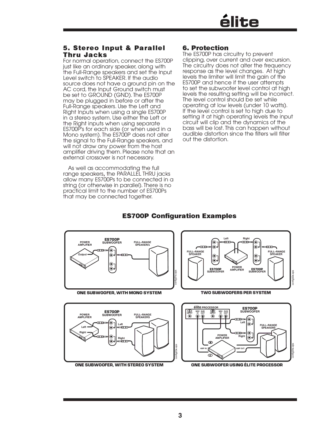 Yorkville Sound owner manual Stereo Input & Parallel Thru Jacks, Protection, ES700P Configuration Examples 