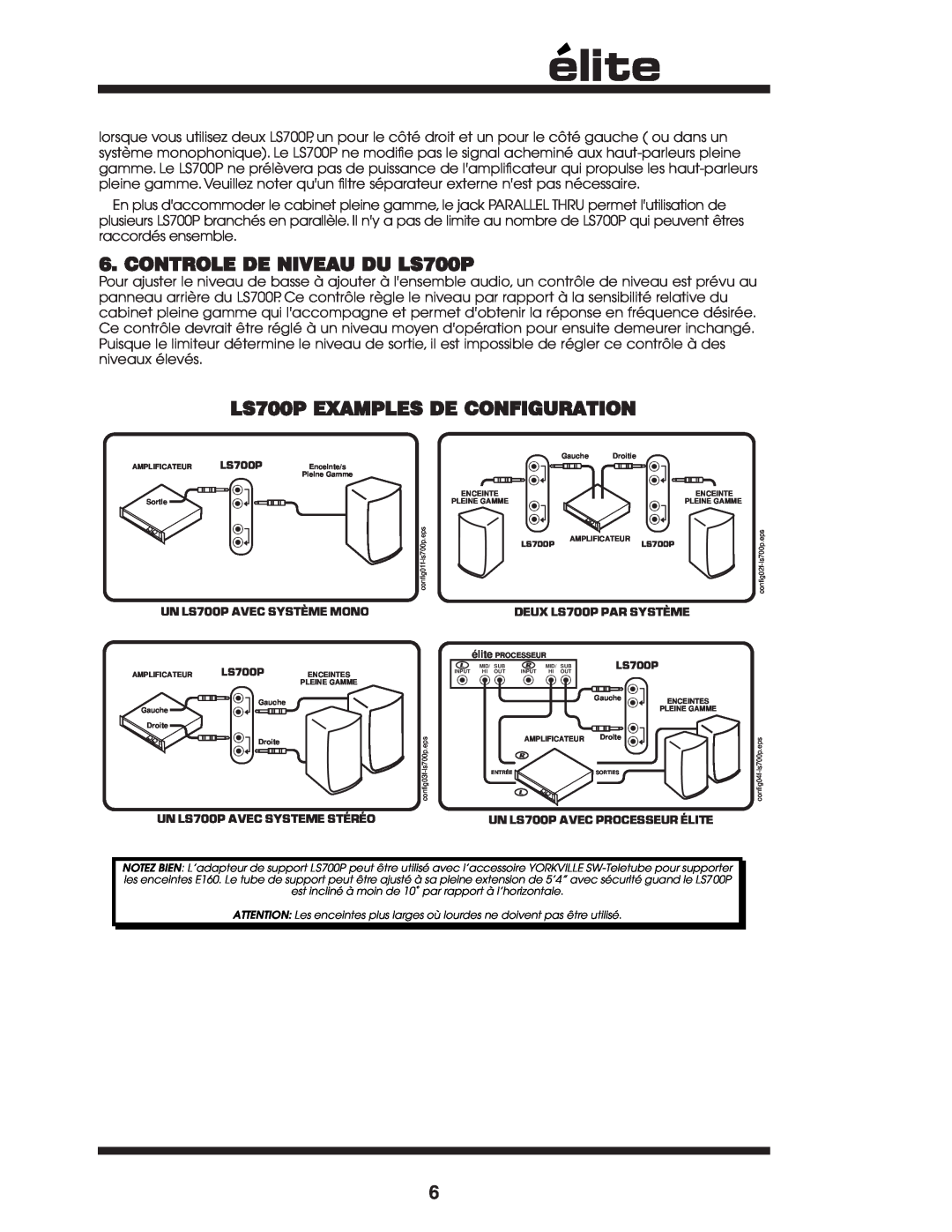 Yorkville Sound owner manual CONTROLE DE NIVEAU DU LS700P, LS700P EXAMPLES DE CONFIGURATION, UN LS700P AVEC SYSTÈME MONO 