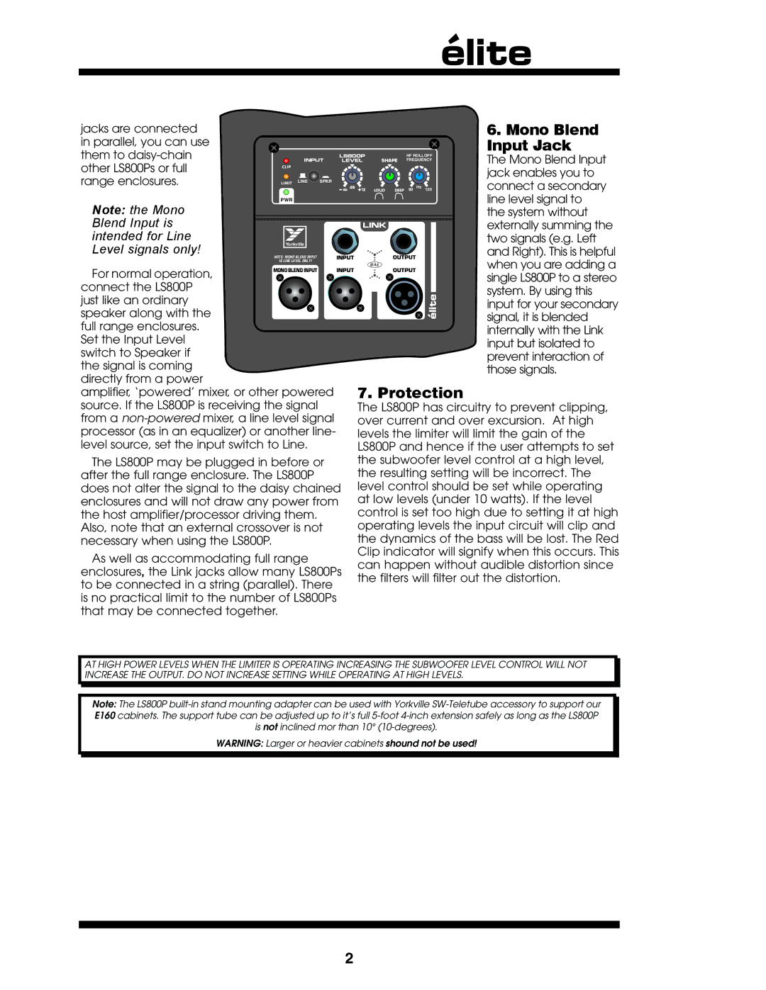 Yorkville Sound LS800P owner manual Mono Blend, Input Jack, Protection 